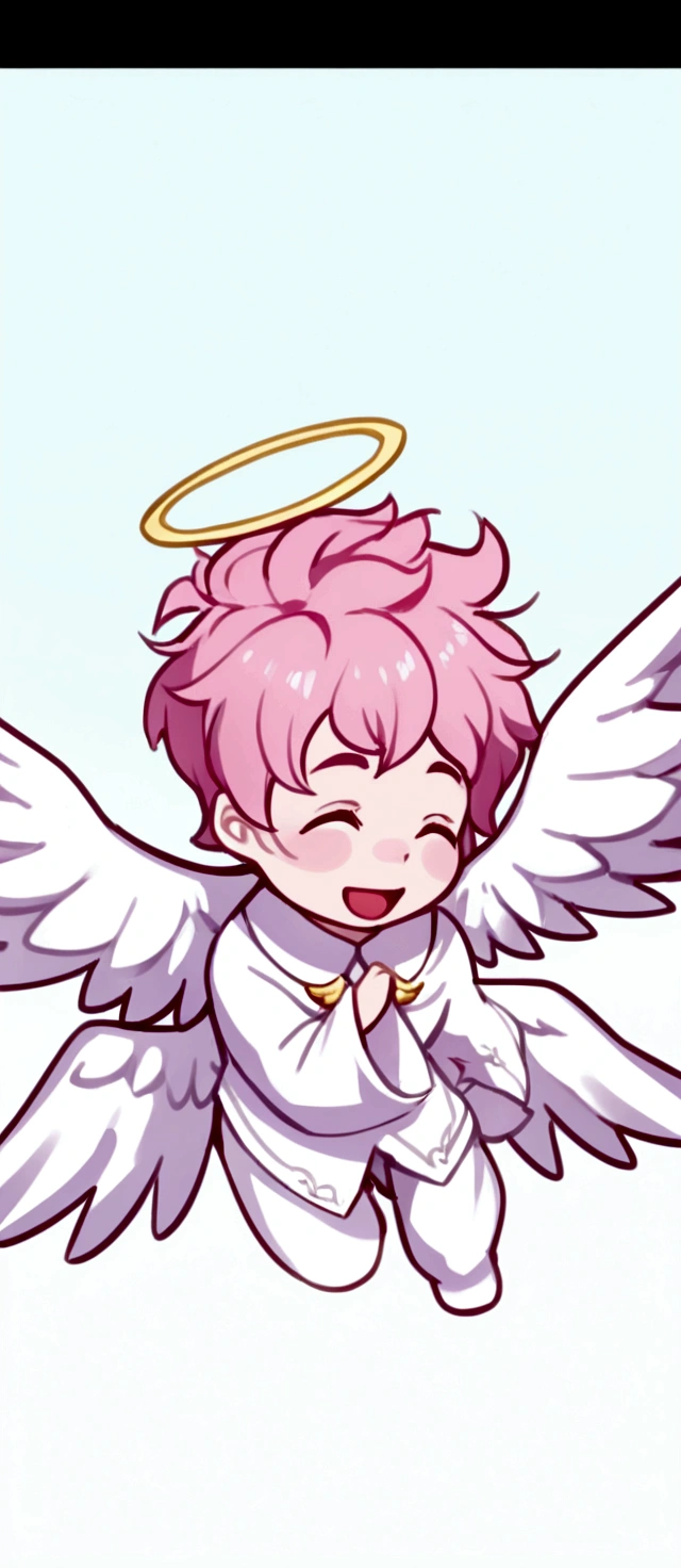 anime boy with pink hair and four angelic wings, possibly an angel, angel-themed, angelic, angel themed, an angel, [[[[grinning evily]]]], smol, young man angel, wearing angel, wearing angel halo, angelical, cherub, biblically accurate angel, background is heavenly
