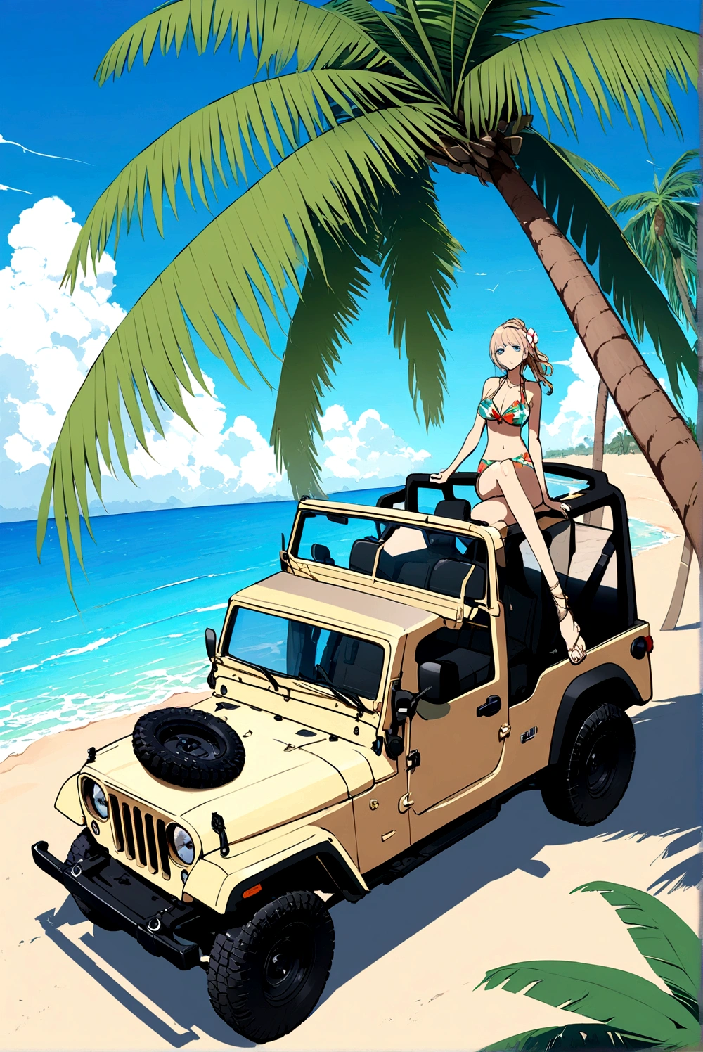 Above the upper half of the picture is a large expanse of blue sky, jeep, Palm tree,5 colors, Beach，Hawaiian style，Summer style，Bikini