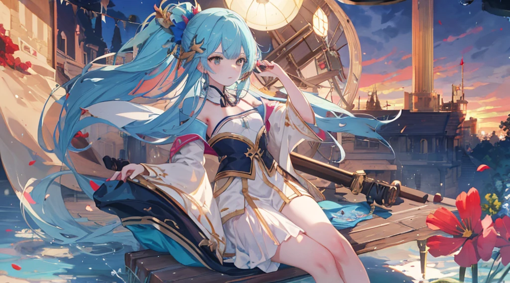 beautiful girl in a turquoise filter, 1 girl, sitting alone, wearing a brown robe, looking up, wide sleeves, closed mouth, long hair, cowgirl shot, cosmos field, sunny sky with clouds, best quality, 4k, 8k, highres, masterpiece:1.2, ultra-detailed, realistic, photorealistic:1.37, HDR, UHD, studio lighting, ultra-fine painting, sharp focus, physically-based rendering, extreme detail description, professional, vivid colors, bokeh