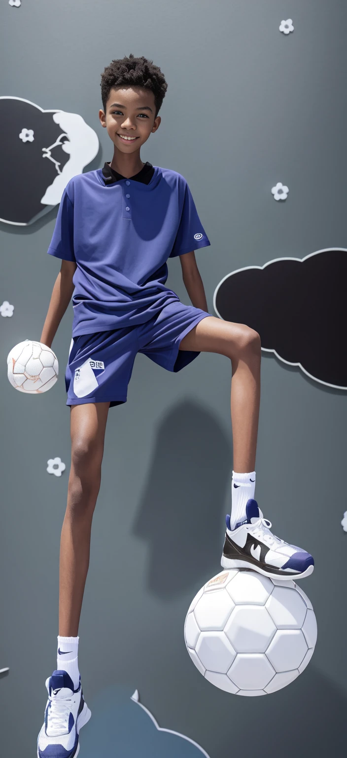 14 year old boy，（Wearing white tennis clothes，Black socks on feet），Dark skin，Big round eyes，Very short hair，Tall and skinny，Toothy Smile，Sharpen details，Knee muscle lines