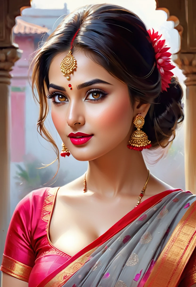 perfect pink eyes, fantastic face, Indian, beautiful look, ((red lips, bright eyes, curve heir 1.5)), ((beautiful details very big breast )), (Straight round and ultra huge clevage, not sagging breast), A glorious gorgeous, glorious gorgeous face, pretty face, bright eyes, detailed elegant printed red saree, updo elegant hair, blurred gray tones background, ultra focus, face ilumined, face detailed, 8k resolution, painted, dry brush, brush strokes, razumov style and garmash style, by Tokaito,  ((Full Open )), full body, sexy open thin belly, in a shiv temple