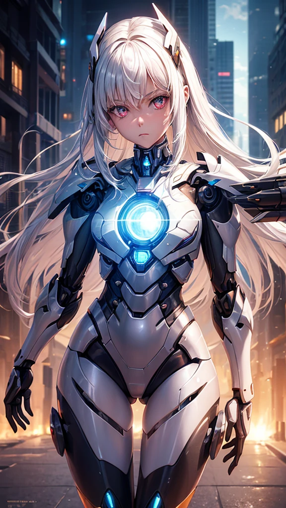 ((girl, Mecha)), glowing eyes, delicate face, broken armor, Mechanical aura, Mechanical arm, white hair, long hair, Ceramic body, Thigh gap, Small chest, Internet background, Very good city, (translucent, Reflective Skin), 8K, best quality, Super detailed, (Surrealism: 1.4),