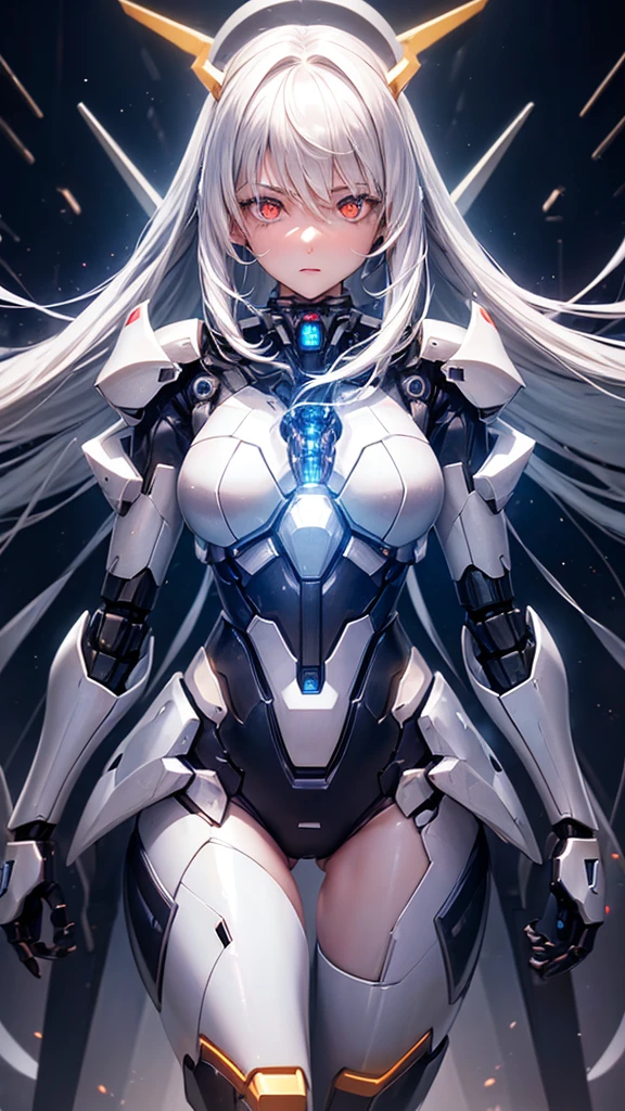 ((girl, Mecha)), glowing eyes, delicate face, broken armor, Mechanical aura, Mechanical arm, white hair, long hair, Ceramic body, Thigh gap, Small chest, Internet background, Very good city, (translucent, Reflective Skin), 8K, best quality, Super detailed, (Surrealism: 1.4),  