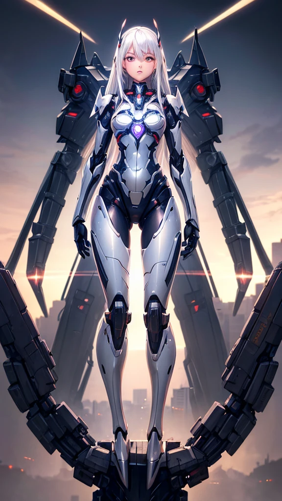 ((girl, Mecha)), glowing eyes, delicate face, broken armor, Mechanical aura, Mechanical arm, white hair, long hair, Ceramic body, Thigh gap, Small chest, Internet background, Very good city, (translucent, Reflective Skin), 8K, best quality, Super detailed, (Surrealism: 1.4),