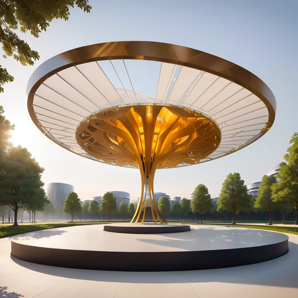 There is a huge circular structure，There is a tree on the top, High-quality architectural art, arbor, by Zha Shibiao, Golden curve structure, foster and partners, inspired by Zha Shibiao, Circular Building, Web portals. Zaha Hadid, Moonlight Rendering, arborescent architecture, Futuristic architecture, Inspired by Thomas Häfner