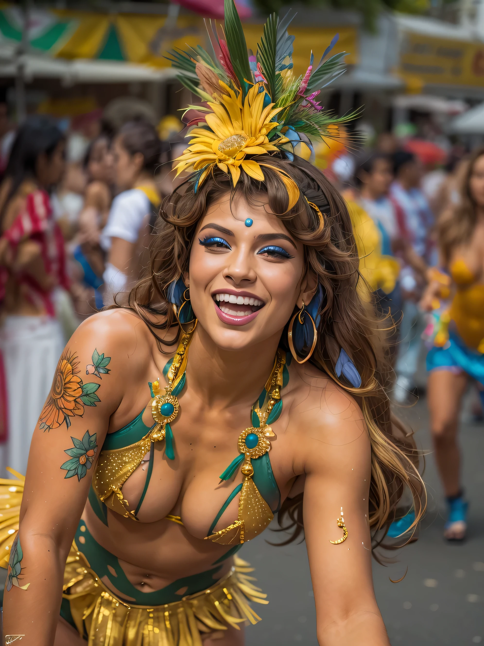 Amazing and ultra hot Brazilian transgender woman celebrating life in carnival,(bzccostume), bodypaint, ultra hot, she is ultra hot and sexy body, she has amazing figure, delicious round booty,((body painted body1.4)),small natural breast, beautiful gaze, happy smile, curly hair, latina transgender, shemale, sexy shemale, Carnival in Brazil, detailed background, depth in vision