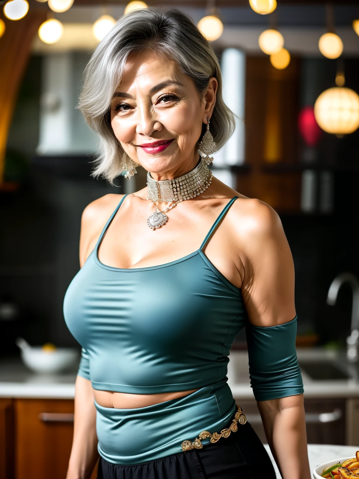 75 years old　mom　milf　Korean, Lady　large earring　Big choker　navel piercing decoration　A bracelet　Silver Hair　realisitic　Gorgeous Madame Beautiful Mature Woman　sexly　Smile　Gentle woman navel piercing　４K　High quality kitchen　Frying pan　pot　Heavy chest　Gorgeous Madame Beautiful Mature Woman