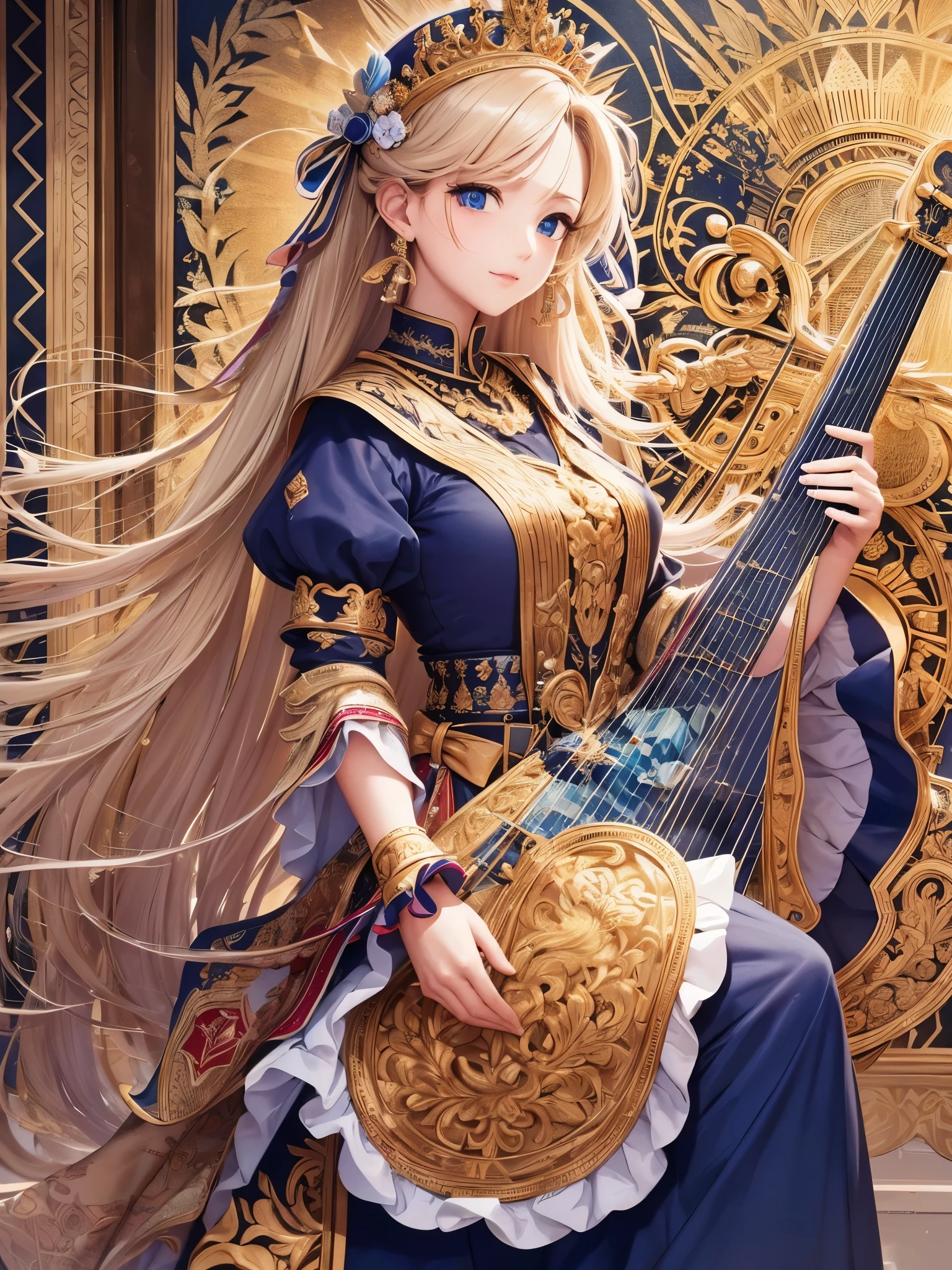 ((Highest quality)),(Ultra-high resolution),(Ultra-detailed new),(Detailed Description),((The best CG)),(masterpiece),Highly detailed art,A wonderful new art form,(Art with precise details:1.5), harp:1.3,flower:1.3,gem:1.3