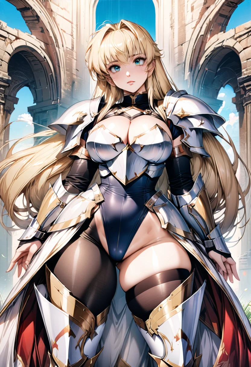 ((highest quality)), ((masterpiece)), ((hyperrealistic)), (detailed background), solo, 1girl, ((curvy: 1.2)), kawaii, ((armored dress)), langrisser, blonde braided long hair, (paladin armor), ((Tight-fitting leotard bodysuit)), ((large breasts)), ((arm guard gauntlet)), metal harness breastplate, waist armor, ((zettai ryouiki thigh boots)), (big butt), (cleavage cutout), (Groin), (thigh), (See-through black pantyhose), beautiful aqua eyes, droopy eyes, perfect face, Perfect hands, perfect fingers, Blue sky and grassland, posing,