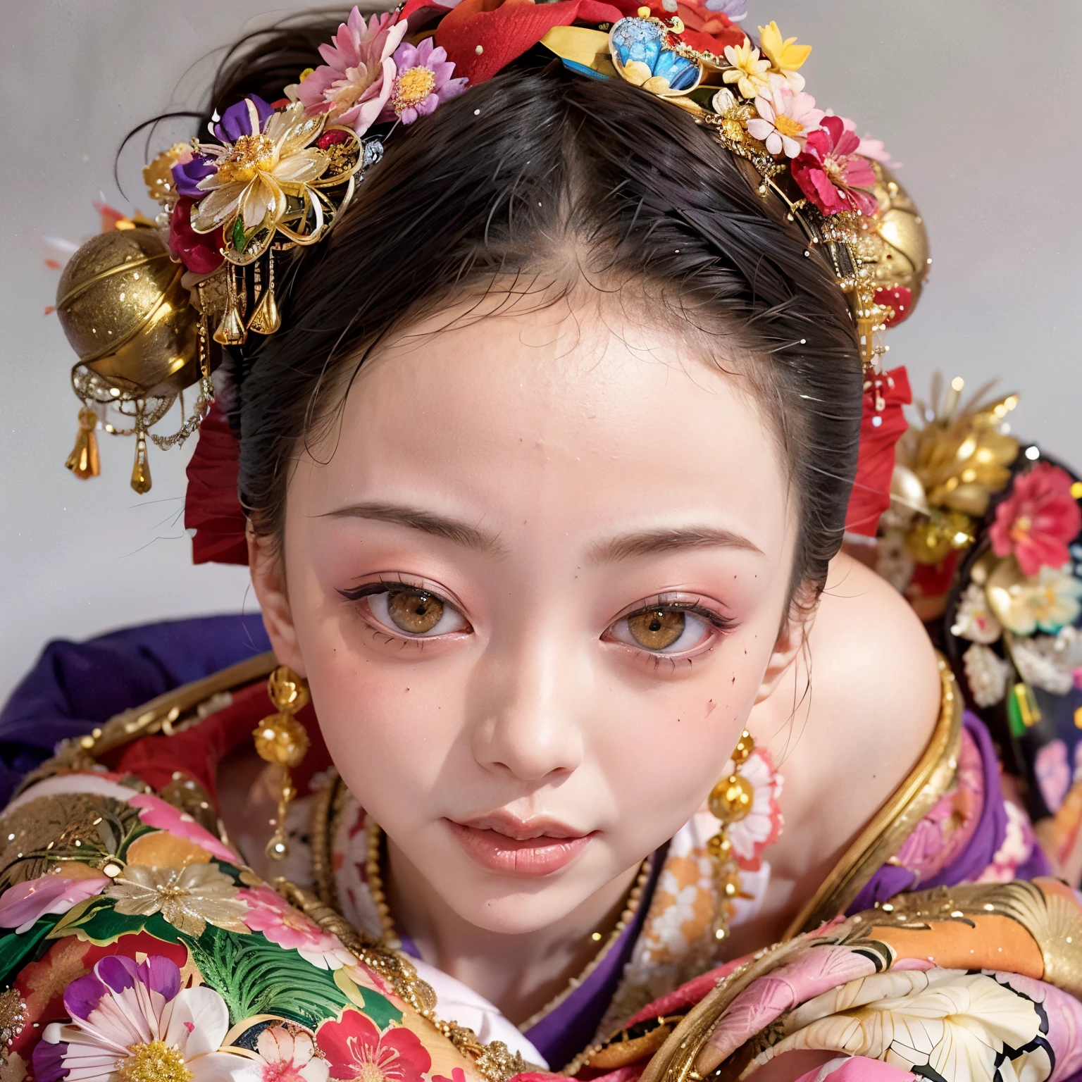 (PUNIPUNI clavicle KIMONO ((offshoulder)) KANZASHI FlowerHairpins Topknot TwinBun Oiran-Hair)High-level, 8K Masterpiece TopQuality, Ultra-detailed CG, Absurd detailed wallpaper, PerfectLighting, Extremely detailed (((Personifying " OIRAN " as a KAWAII Girl))), Characteristic Items, aesthetic LifeLike Rendering, MysticSight, Haze Tyndall Scattering, (Studio GRAY Background with (Oodles Dazzling Iridescent 🌈Particles (BokeH))), (((Assfocus)) RoundlyButt) ThighGap, (Exposed:0.44) 🔞 BREAK (Acutance:0.8), (NOGIZAKA FaceVariations) Extremely Detailed very KAWAII FaceVariations, Childish CaptivatingGaze ElaboratePupils ParfectEyes with (SparklingHighlights:1.28), (Voluminous LongEyelashes:0.88), 💄💋✨ GlossyRedLips with BeautifulDetails, CoquettishTongue, PUNIPUNI RosyCheeks, Radiant PearlSkin with Transparency, Glowing DowneyHair . { (Dynamic LifeLike expressions:1.4) | (:d) }, (large eyes:-1) .
