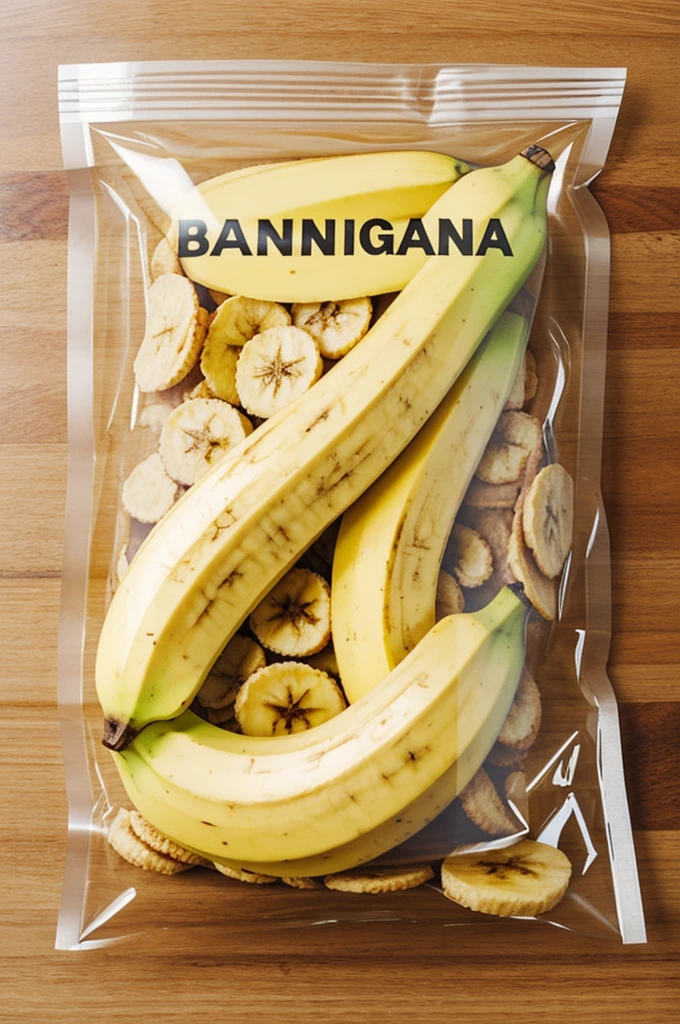 Generate an image of banana chip that being packaged in a simple plastic wrap. 