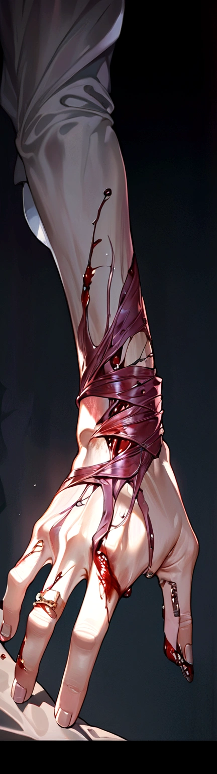 A close-up photograph of a hand with severe, ragged wounds, capturing the aftermath of a traumatic incident. The hand is covered in deep lacerations, blood seeping from the torn flesh. The lighting is harsh, casting dramatic shadows and highlighting the grisly details of the injuries. This image conveys a sense of urgency and the immediate aftermath of a catastrophic event.