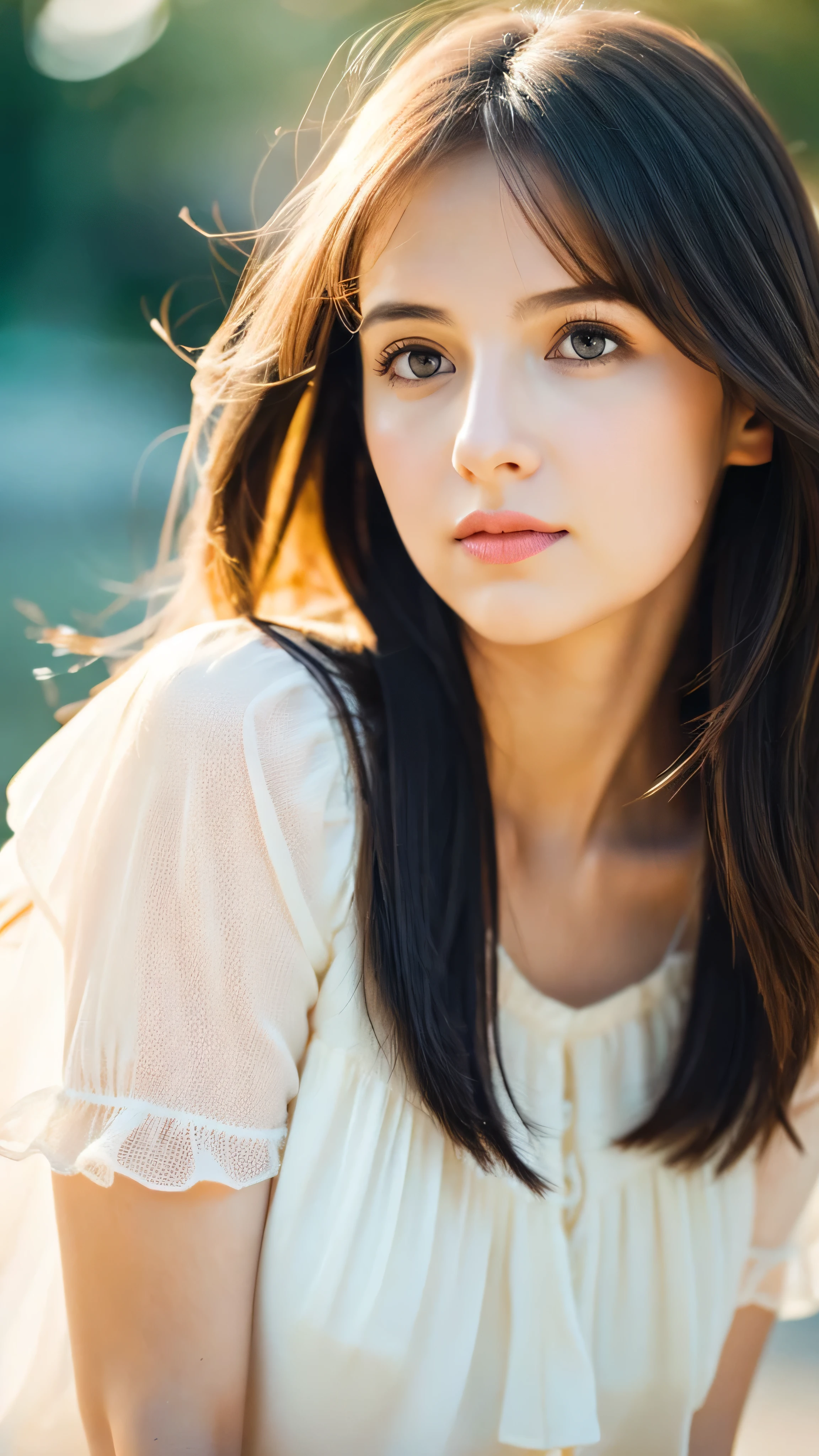 (Random Nationality):1.5, masterpiece, Highest quality, 8K, 20th Generation, (Large Breasts:1.2), cute, alone, sad, close, cute, Girlish, Delicate girl, Pure beauty, RAW Photos, Professional photography, Portraiture, Soft Light, Professional Lighting, Backlight, Upper Body, avert your eyes, Sophisticated, Film Grain, (Eyes and facial details:1.0), Beautiful straight hair, Hair swaying in the wind, Silk blouse, Random hairstyle