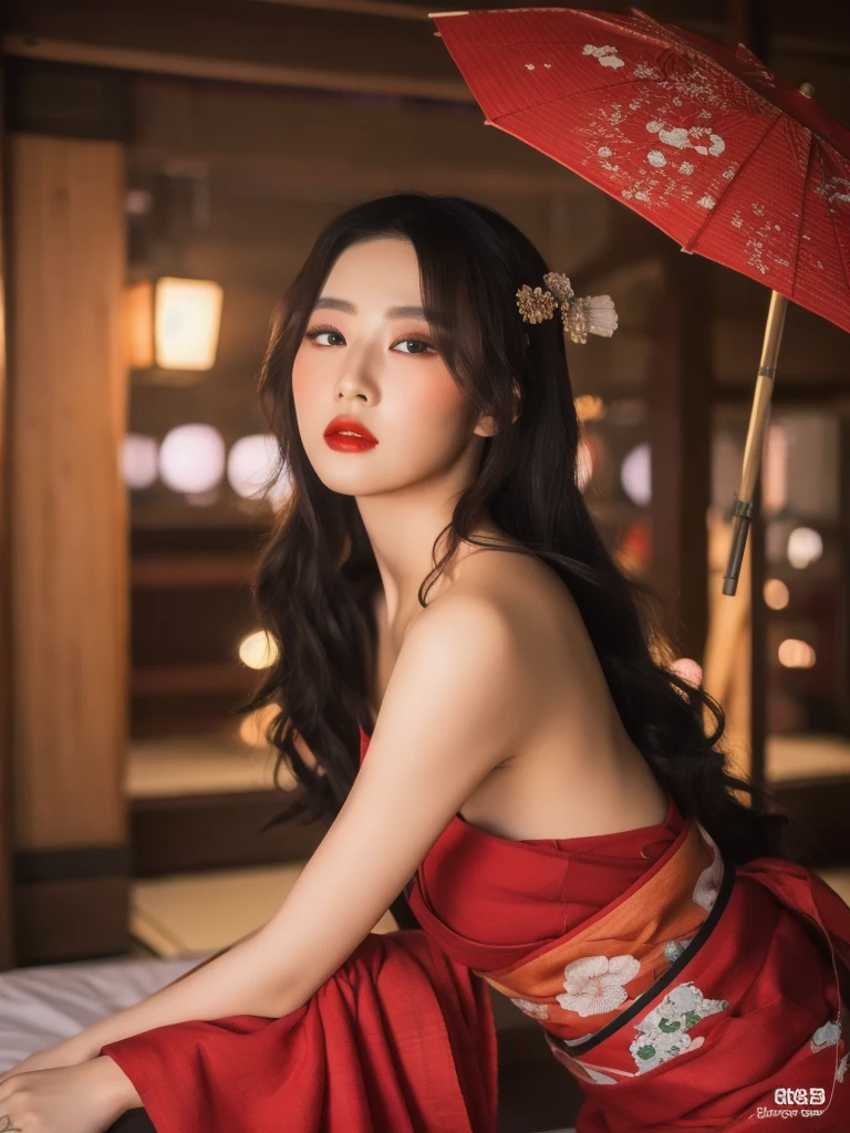 ((Best quality, 8k, Masterpiece :1.3)), Sharp focus :1.2, lipstik red ((beautiful Geisha. In kimomo red. Bare shoulder.))Sit down on the bed. Passionate pose_mix4, 20d,Hiper-realistis:1.37),16K HD,
