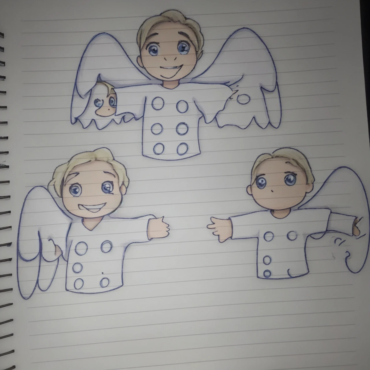 Three angels with disabilities and one with white shirts with circles