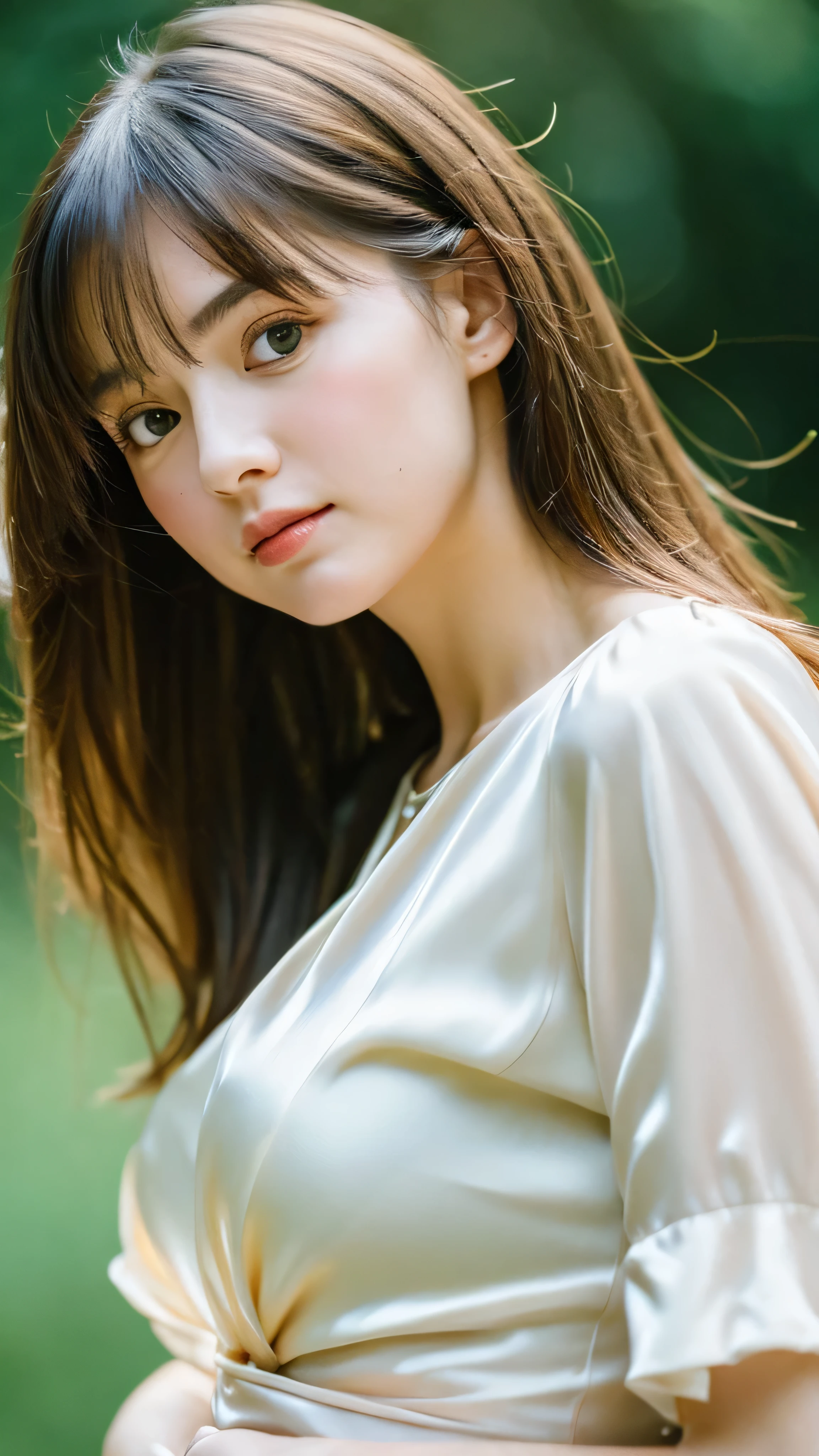 (Random Nationality):1.5, masterpiece, Highest quality, 8K, 20th Generation, (Large Breasts:1.2), cute, alone, sad, close, cute, Girlish, Delicate girl, Pure beauty, RAW Photos, Professional photography, Portraiture, Soft Light, Professional Lighting, Backlight, Upper Body, avert your eyes, Sophisticated, Film Grain, (Eyes and facial details:1.0), Beautiful straight hair, Hair swaying in the wind, Silk blouse, Random hairstyle