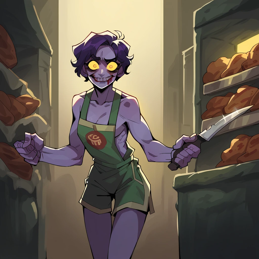 (masterpiece:1.3) 1girl, , (female serial killer:1.5) (skinny with an ugly face:1.3) working at Walmart, wearing an apron with topless under the apron, wide eyes, blood stains on clothes, short khaki shorts, big evil smile, (holding a knife:1.3), horror Walmart background, florescent grocery store lighting, deep shadows , extreme details, , complimentary lighting colors, deep skin, , brightly colored composition, "constricted pupils, small pupils, yellow glowing eyes", Slender Girl, OL, JK, purple bags_under_eyes, ( downblouse, BarbaraEvenot, Bags und
