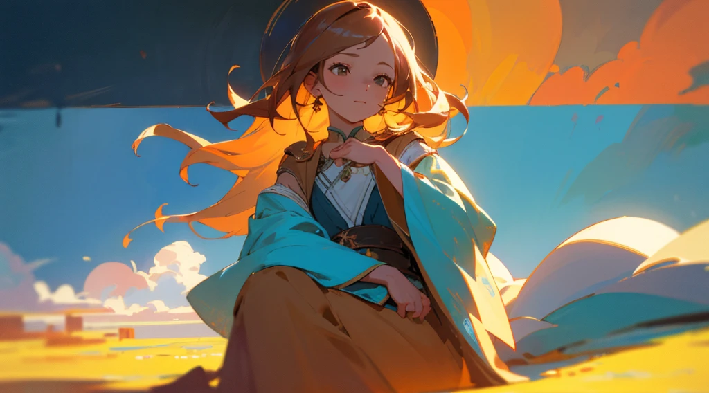 eautiful girl in a turquoise filter, 1 girl, sitting alone, wearing a brown robe, looking up, wide sleeves, closed mouth, long hair, cowgirl shot, cosmos field, sunny sky with clouds, best quality, 4k, 8k, highres, masterpiece:1.2, ultra-detailed, realistic, photorealistic:1.37, HDR, UHD, studio lighting, ultra-fine painting, sharp focus, physically-based rendering, extreme detail description, professional, vivid colors, bokeh