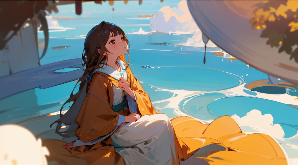 eautiful girl in a turquoise filter, 1 girl, sitting alone, wearing a brown robe, looking up, wide sleeves, closed mouth, long hair, cowgirl shot, cosmos field, sunny sky with clouds, best quality, 4k, 8k, highres, masterpiece:1.2, ultra-detailed, realistic, photorealistic:1.37, HDR, UHD, studio lighting, ultra-fine painting, sharp focus, physically-based rendering, extreme detail description, professional, vivid colors, bokeh