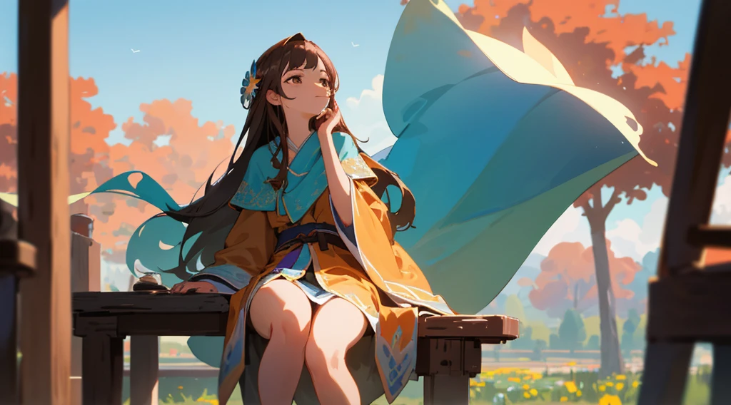 eautiful girl in a turquoise filter, 1 girl, sitting alone, wearing a brown robe, looking up, wide sleeves, closed mouth, long hair, cowgirl shot, cosmos field, sunny sky with clouds, best quality, 4k, 8k, highres, masterpiece:1.2, ultra-detailed, realistic, photorealistic:1.37, HDR, UHD, studio lighting, ultra-fine painting, sharp focus, physically-based rendering, extreme detail description, professional, vivid colors, bokeh