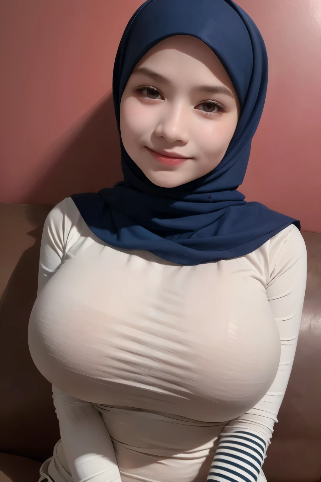 adorable, 1 girl, (face to face), , baby face, happy, half body portrait, (face details: 1), (eye details: 1), ((big breasts)). wearing white long shirt, hijab, .. Cute posed. proportional body. Ultra High Res. realistic: 1.4, UHD