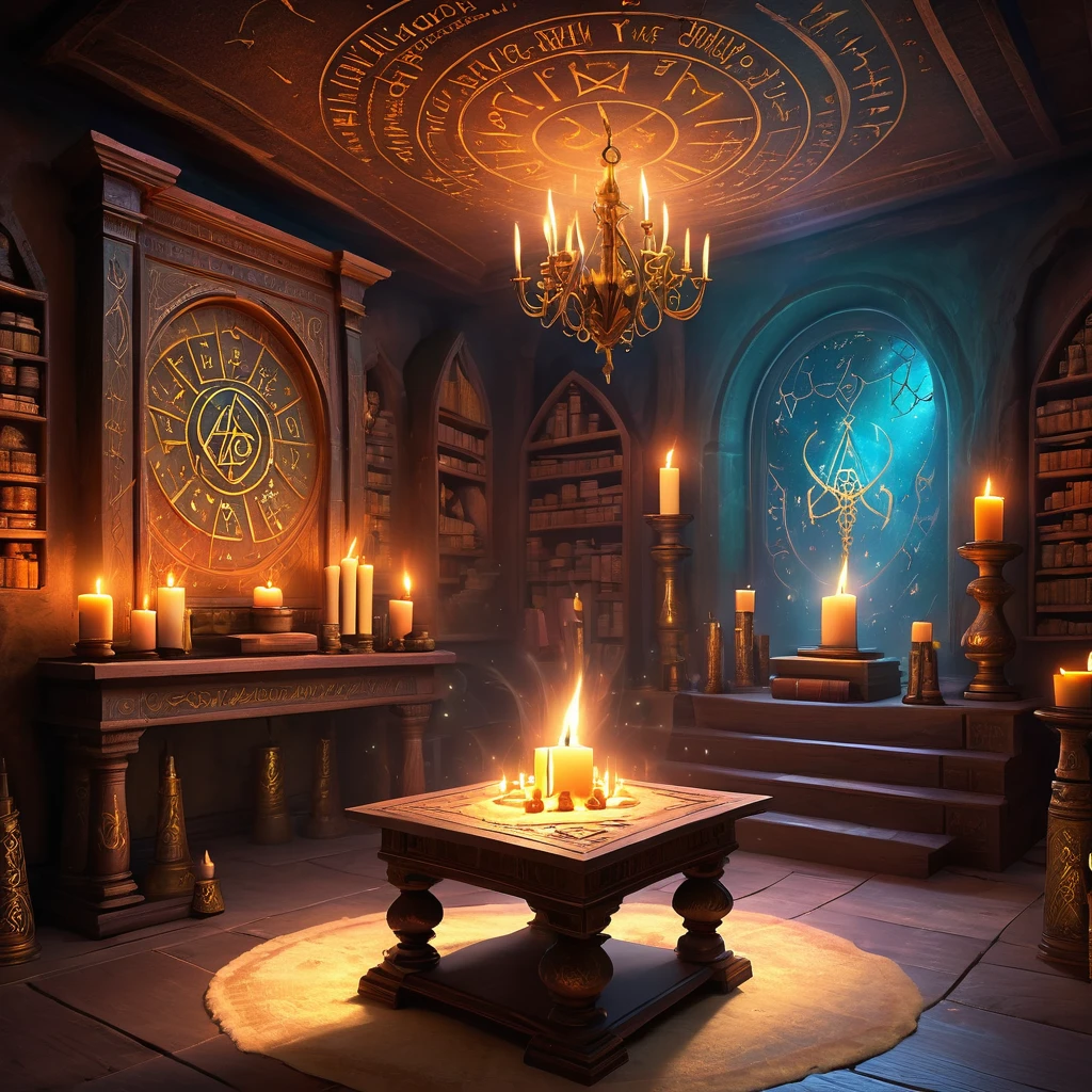 (background: ancient mystical sanctuary:1.2), (central focus: ornate altar covered in ancient runes, glowing softly:1.3), (Accessories: floating candles with flickering flames, enchanted talismans hanging from the ceiling, shimmering magical symbols in the air:1.2), (ambient details: soft, ethereal light illuminating the sanctuary, shadows dancing along the walls, faint echoes of ancient incantations whispering through the air:1.2), (environmental magic: swirling mists drifting across the floor, revealing glimpses of otherworldly landscapes and mystical entities:1.5), (additional elements: shelves filled with ancient tomes and mystical artifacts, spellbook open on a nearby pedestal with pages turning by themselves, glowing runes pulsating with arcane energy:1.3), (mystical atmosphere: sparks of magical energy drifting through the air, a gentle hum of power resonating throughout the sanctuary, the scent of rare herbs and incense filling the space:1.5), (additional magical focus: enchanted mirrors reflecting otherworldly scenes, floating crystals emitting soft, colorful glows, and a cauldron with bubbling, glowing liquid:1.4), (ambient creatures: ethereal butterflies flitting about, leaving trails of light, and ghostly figures glimpsed out of the corner of the eye:1.2), best quality, masterpiece, detailed soft oil painting, detailed background, dramatic cinematic lighting, soft edge lighting, professional, dramatic lighting, hard edge lighting, ultra quality, 4k, masterpiece, best quality, 8k, ultra high definition, high resolution, extremely detailed