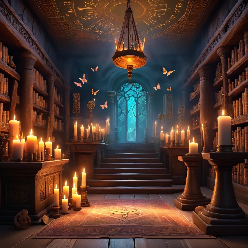 (background: ancient mystical sanctuary:1.2), (central focus: ornate altar covered in ancient runes, glowing softly:1.3), (Accessories: floating candles with flickering flames, enchanted talismans hanging from the ceiling, shimmering magical symbols in the air:1.2), (ambient details: soft, ethereal light illuminating the sanctuary, shadows dancing along the walls, faint echoes of ancient incantations whispering through the air:1.2), (environmental magic: swirling mists drifting across the floor, revealing glimpses of otherworldly landscapes and mystical entities:1.5), (additional elements: shelves filled with ancient tomes and mystical artifacts, spellbook open on a nearby pedestal with pages turning by themselves, glowing runes pulsating with arcane energy:1.3), (mystical atmosphere: sparks of magical energy drifting through the air, a gentle hum of power resonating throughout the sanctuary, the scent of rare herbs and incense filling the space:1.5), (additional magical focus: enchanted mirrors reflecting otherworldly scenes, floating crystals emitting soft, colorful glows, and a cauldron with bubbling, glowing liquid:1.4), (ambient creatures: ethereal butterflies flitting about, leaving trails of light, and ghostly figures glimpsed out of the corner of the eye:1.2), best quality, masterpiece, detailed soft oil painting, detailed background, dramatic cinematic lighting, soft edge lighting, professional, dramatic lighting, hard edge lighting, ultra quality, 4k, masterpiece, best quality, 8k, ultra high definition, high resolution, extremely detailed