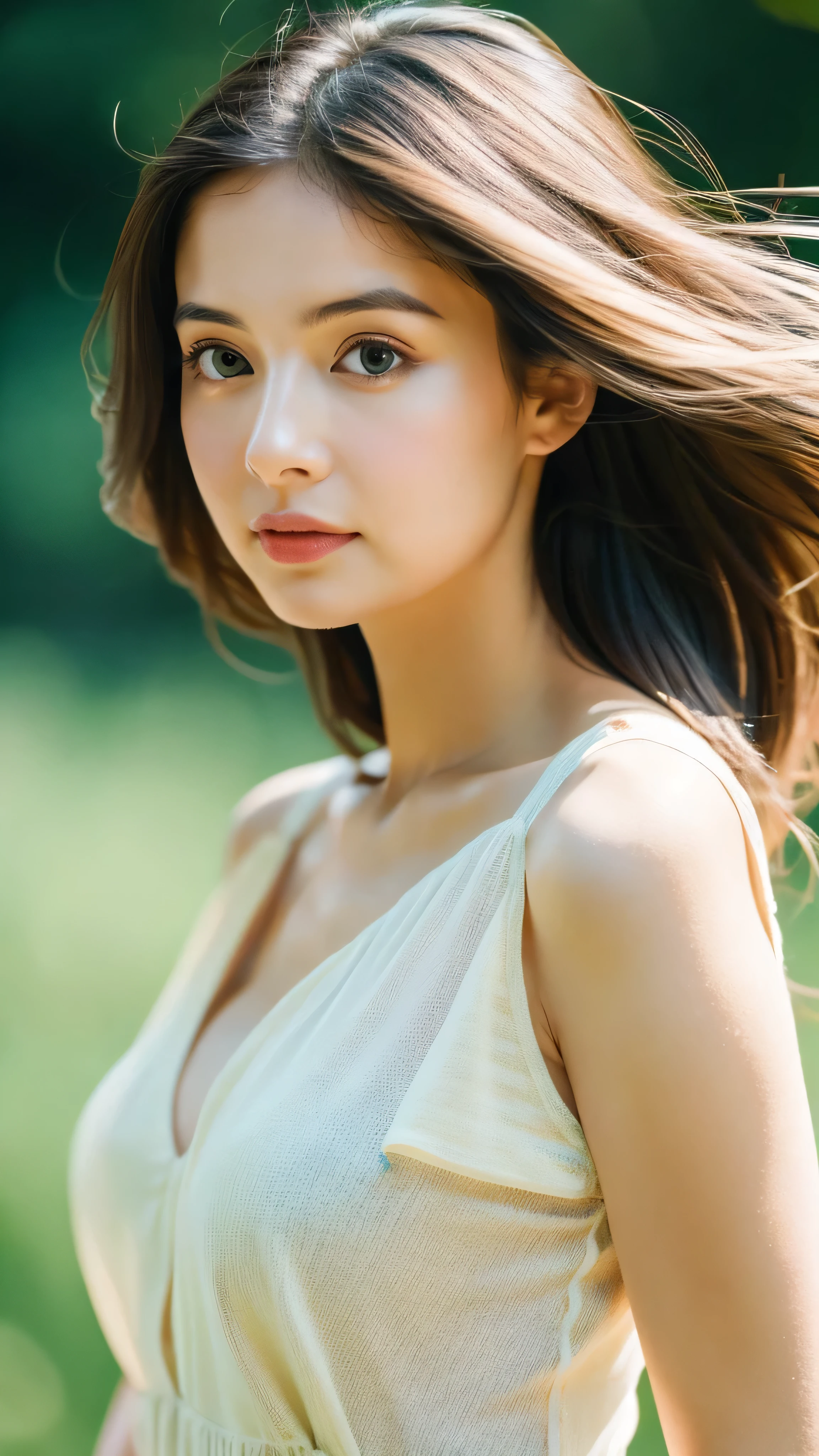 (Random Nationality):1.5, masterpiece, Highest quality, 8K, 20th Generation, (Large Breasts:1.2), cute, alone, sad, close, cute, Girlish, Delicate girl, Pure beauty, RAW Photos, Professional photography, Portraiture, Soft Light, Professional Lighting, Backlight, Upper Body, avert your eyes, Sophisticated, Film Grain, (Eyes and facial details:1.0), Beautiful straight hair, Hair swaying in the wind, Silk blouse, Random hairstyle