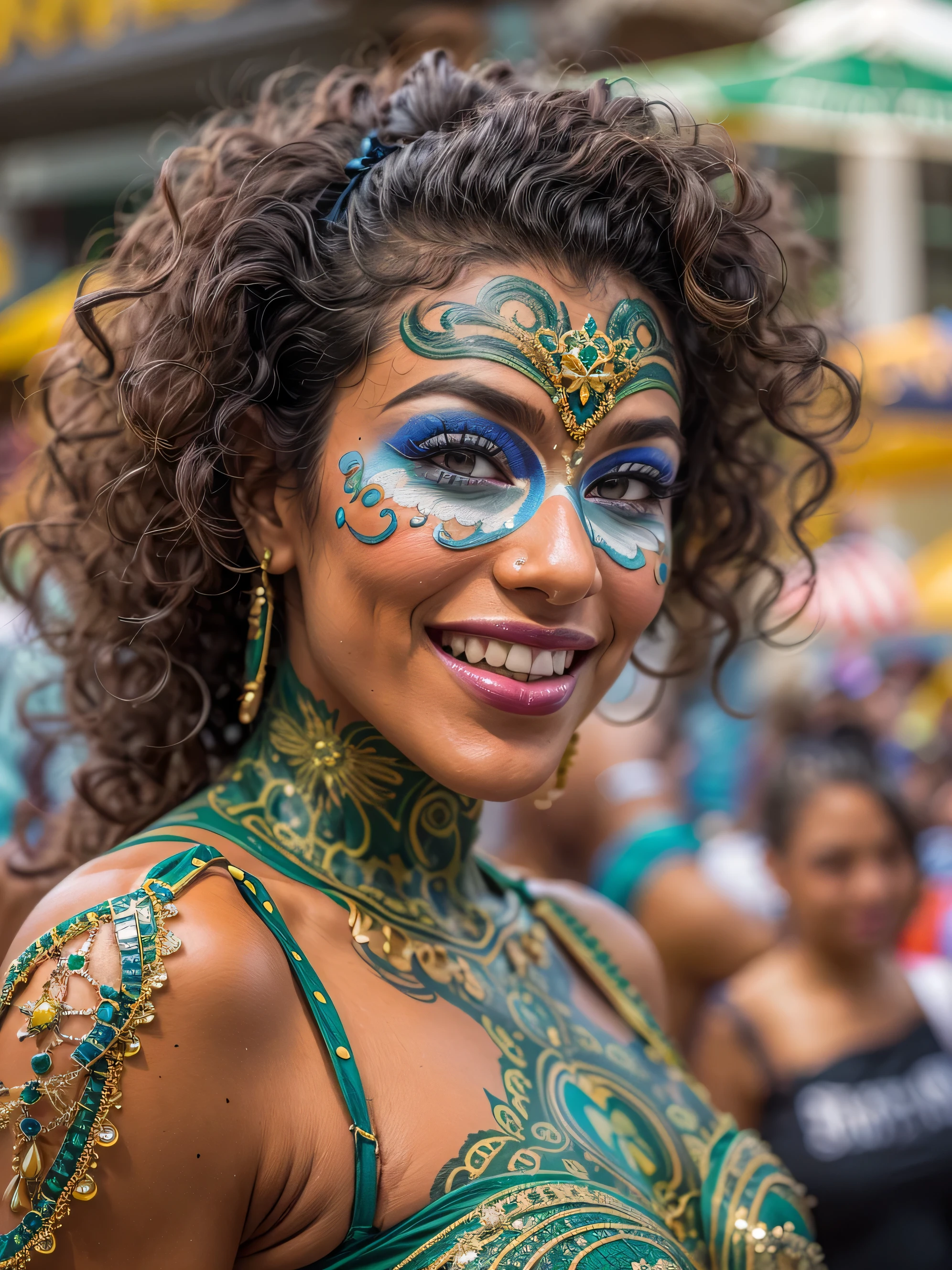 Amazing and ultra hot Brazilian transgender woman celebrating life in carnival,(bzccostume), bodypaint, ultra hot, she is ultra hot and sexy body, she has amazing figure, delicious round booty,((body painted body1.4)),small natural breast, beautiful gaze, happy smile, curly hair, latina transgender, shemale, sexy shemale, Carnival in Brazil, detailed background, depth in vision
