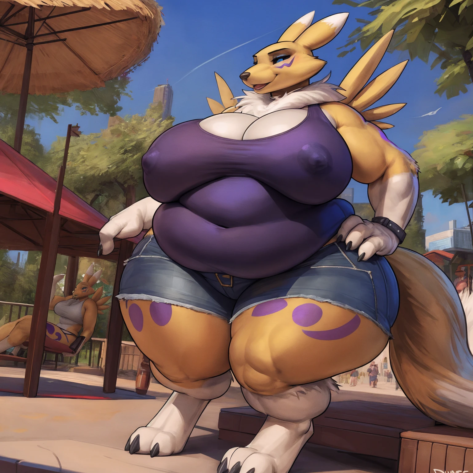 by darkgem, by duase, by kevinsano, renamon, digimon, anthro, female, older woman, furry body, wide body, bbw, chubby, fat, obese, big arms, (huge breasts:1.1), heavy breasts, nipple outline, highly detailed eyes, milf, tank top, bare midriff, cleavage, large areolae, blue jeans, lowrise jeans, bare midriff, visible thong straps, Masterpiece, best quality, absurd res, highly detailed, cleanly drawn eyes, park environment, cute smile, standing upright, casual posture, 