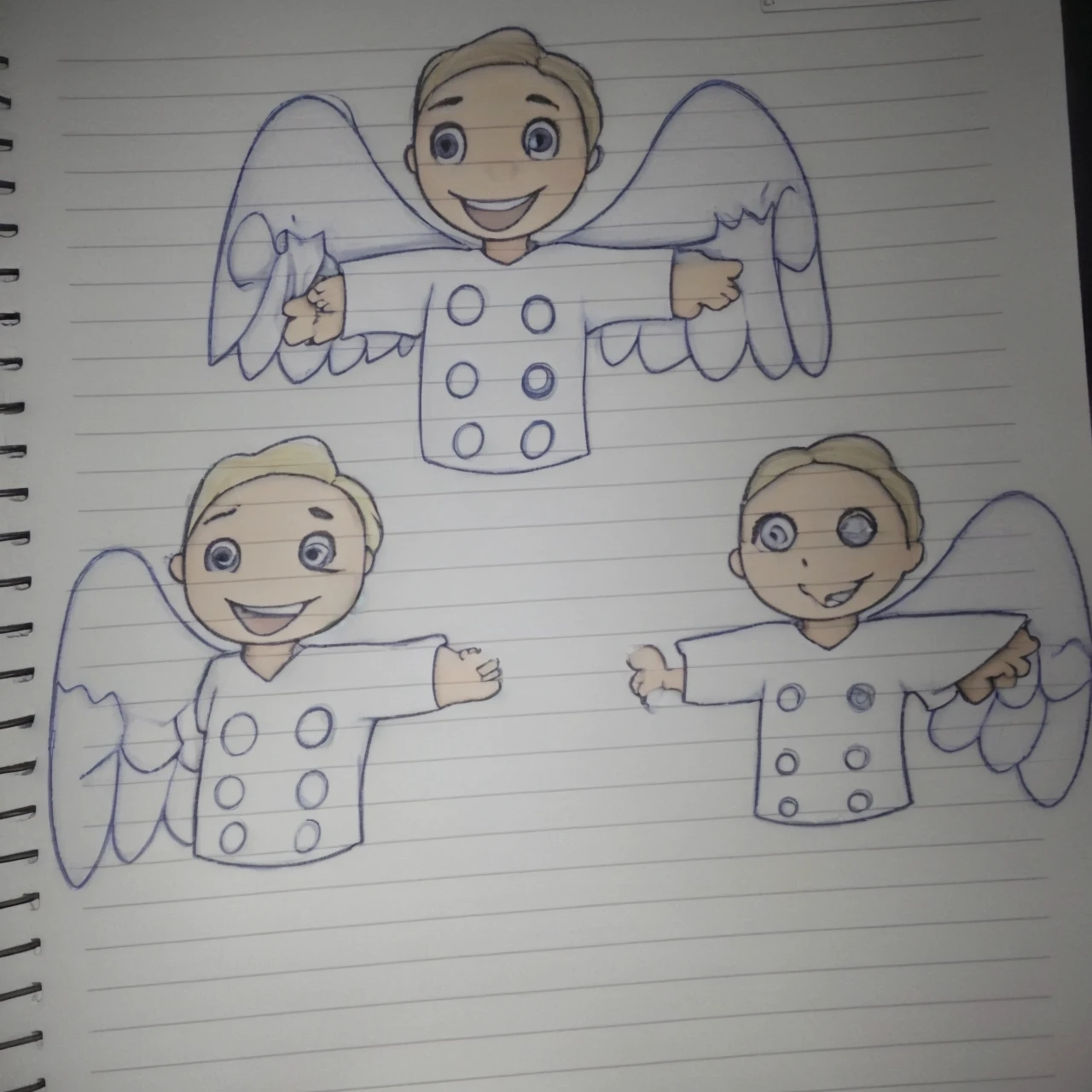 Three angels with disabilities and one with white shirts with circles 