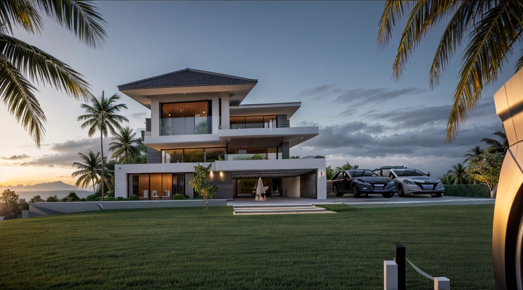 arafed view of a modern villa , sunrise time, a green grass, green landscape, coconut tree, cars, architectural render, architectural visualization, architectural rendering, large modern residence, architectural 3 d render, award-winning render, stunning render, modern, realistic, interior architecture, Art Deco, depth of field, motion blur, cinematic lighting, vignetting, highres, high quality, high details, masterpiece