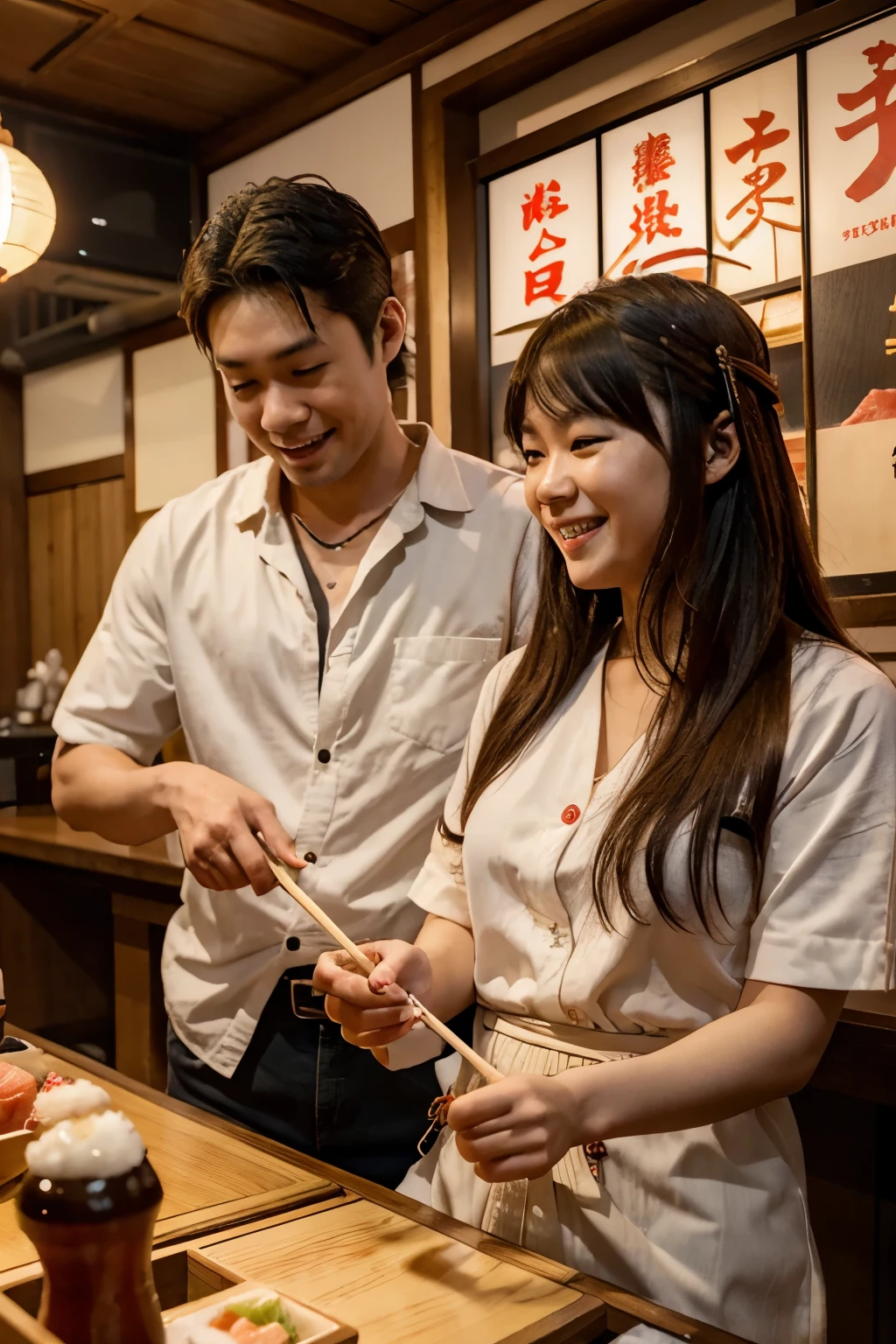 3D anime,Highest quality,highest resolution,In an izakaya,Young man and woman drinking beer,smile,Have fun and be happy.,Hand holding chopsticks to pick raw fish,table,musician playing guitar,Yakiniku, Sushi, Ramen and soft serve ice cream,Gachapon cabinet
