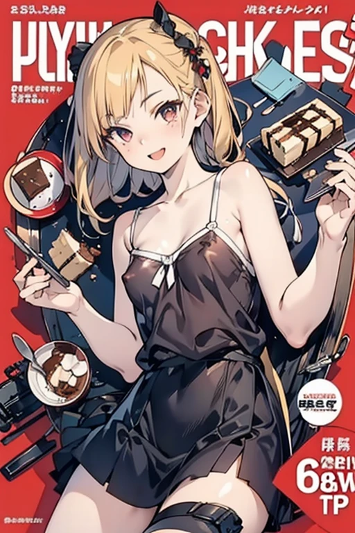 (small breasts:1.2), (perky chest:1.2), (pointed chest:1.2), (Pudding cake magazine cover:1.3),(from above:1.0),(shoot from the side:1.1),masterpiece, 1girl, Amazing Cleavage:1.1, thin waist, optimum,tmasterpiece,hight resolution,best qualtiy,hyper HD,super detailing,awardwinning,a 18yo cute girl,(The upper part of the body),anatomy correct,Beautiful Black miniskirt,garters,Gaze,Small face,bangss,holster,Beautuful Women,hands up,leg holster,Gaze,black boots,Cowboy Shot,cute face,a blond,Longhaire,Twin-tailed,Braids, Hairline,(scarlet eyes),long eyelasher,Hanging eye corners,White skin of the, ((see through camisole:1.1)), ((Sheer nipples:1.0)),Rocket Tits,(Slim body),smile,seductive weak smiling,(with sparkling eyes and a contagious smile),little open mouth, Looking at Viewer,