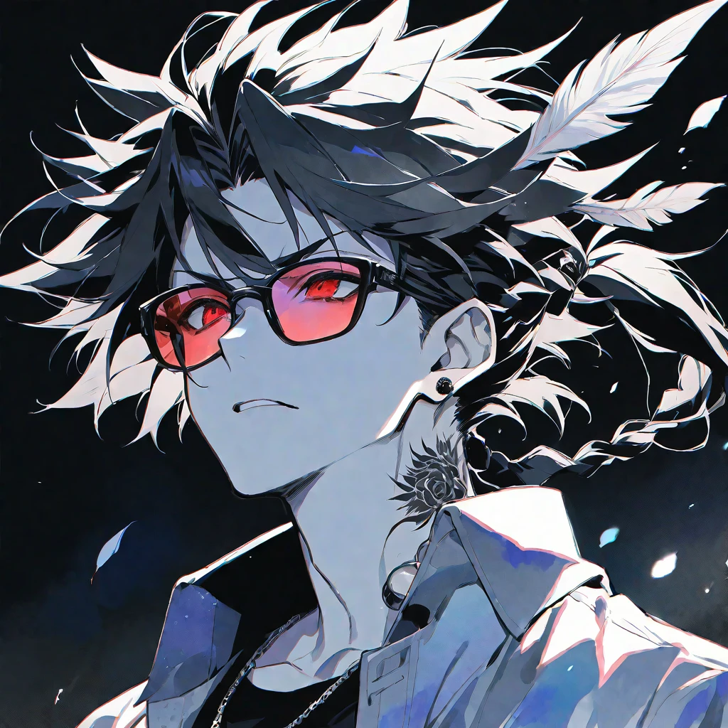 Solo,handsome, monochrome,watercolor,1 male, Ponytail, Braided black hair, red eyes, Gojo Satoru,Angel feather,ピアス,necklace
,casual,Blue Rose Tattoo,black Oversized court,Stylish,cool,Wear sunglasses around your neck,Void,look up,
blackbackground,İcon,Despise face up