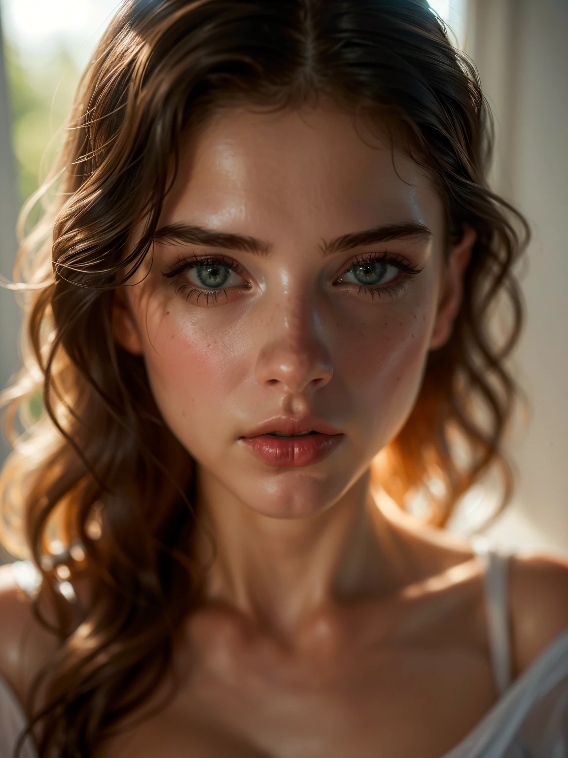 (((ultra realistic))) Photo, masterpiece, top quality, (pale skin), (ultra detailed face and eyes:1.3), 1 girl, adult, in a T-shirt, (Eye makeup, mascara) , ((large detailed lips)), ((ash wavy hair)), ((Chyolka)) , (natural breasts), Thin waist. ((posing)), photoshoot, Studio (soft lighting), (The play of light and shadows), depth of field, hips, (special attention to leather details: 1.2), detailed skin texture, skin pores. (Airy atmosphere of the frame. The color scheme is delicate., bright, white, Pink tones), DR, ((Granularity)), ((rays)), ((bright солнечный свет)), ((waist-length portrait, close to the camera)) , ultra detailed,