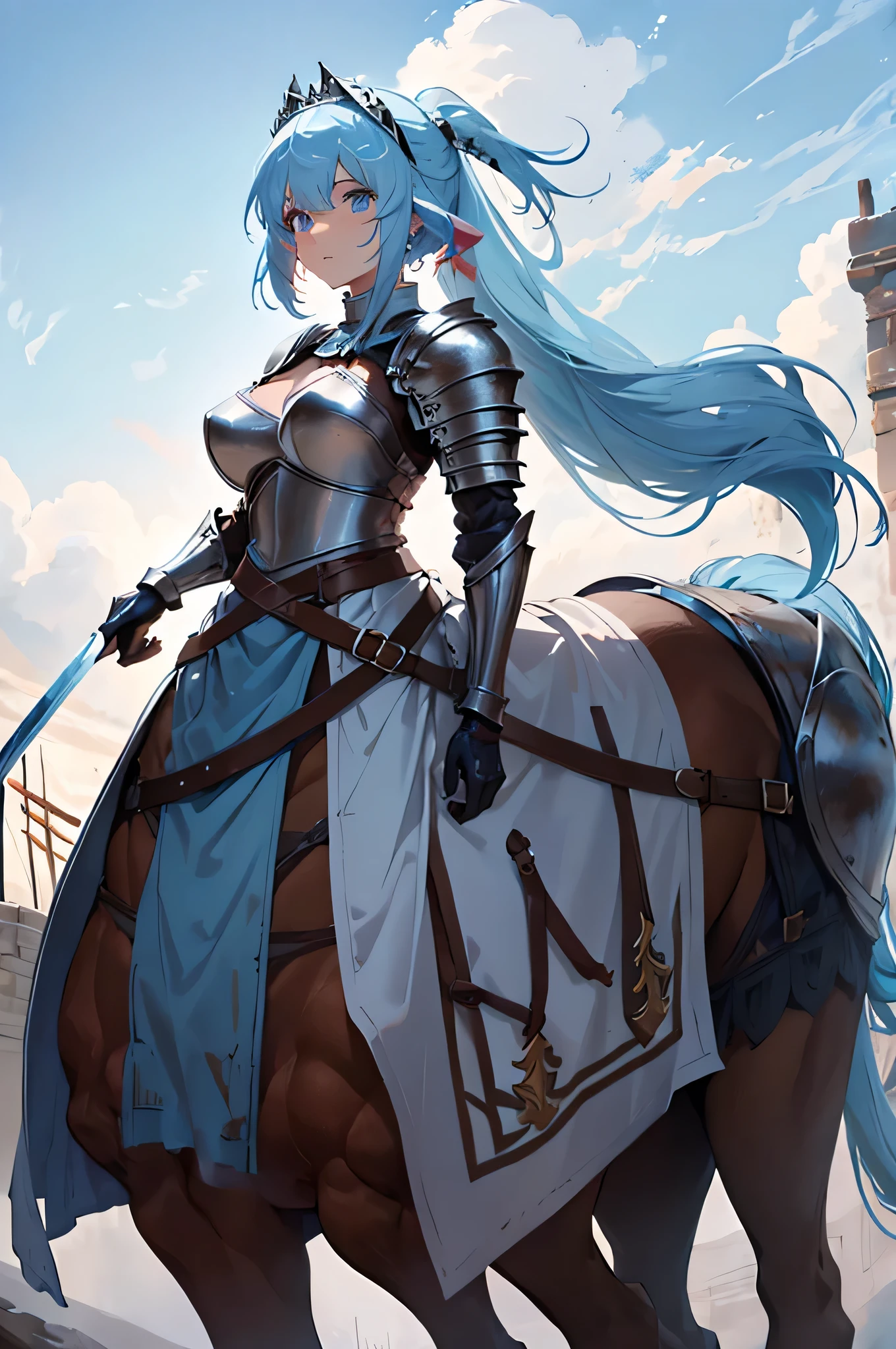 4K,High resolution,One Woman,centaur,White light blue hair,Long Ponytail,Brown fur,Princess Knight,knight dress,knight armor,Heavy Armor,Full Armor,Princess Tiara,hair band,Jewelry decoration,Long sword,Medieval village