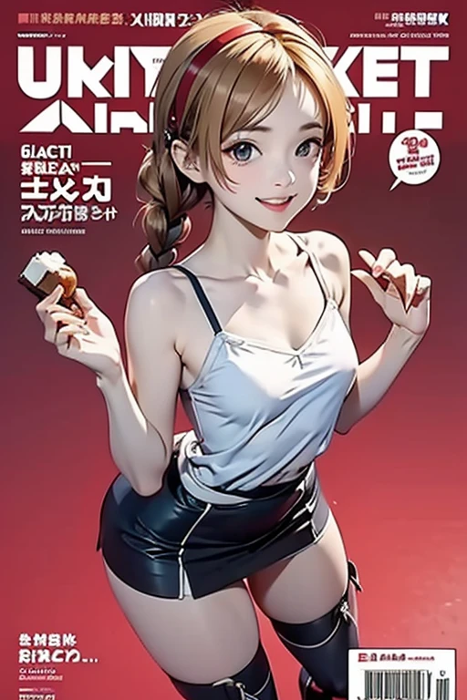 (small breasts:1.2), (perky chest:1.2), (pointed chest:1.2), (Pudding cake magazine cover:1.3),(from above:1.0),(shoot from the side:1.1),masterpiece, 1girl, Amazing Cleavage:1.1, thin waist, optimum,tmasterpiece,hight resolution,best qualtiy,hyper HD,super detailing,awardwinning,a 18yo cute girl,(The upper part of the body),anatomy correct,Beautiful Black miniskirt,garters,Gaze,Small face,bangss,holster,Beautuful Women,hands up,leg holster,Gaze,black boots,Cowboy Shot,cute face,a blond,Longhaire,Twin-tailed,Braids, Hairline,(scarlet eyes),long eyelasher,Hanging eye corners,White skin of the, ((see through camisole:1.1)), ((Sheer nipples:1.0)),Rocket Tits,(Slim body),smile,seductive weak smiling,(with sparkling eyes and a contagious smile),little open mouth, Looking at Viewer,