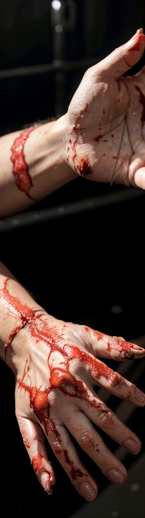 A close-up photograph of a hand with severe, ragged wounds, capturing the aftermath of a traumatic incident. The hand is covered in deep lacerations, blood seeping from the torn flesh. The lighting is harsh, casting dramatic shadows and highlighting the grisly details of the injuries. This image conveys a sense of urgency and the immediate aftermath of a catastrophic event.