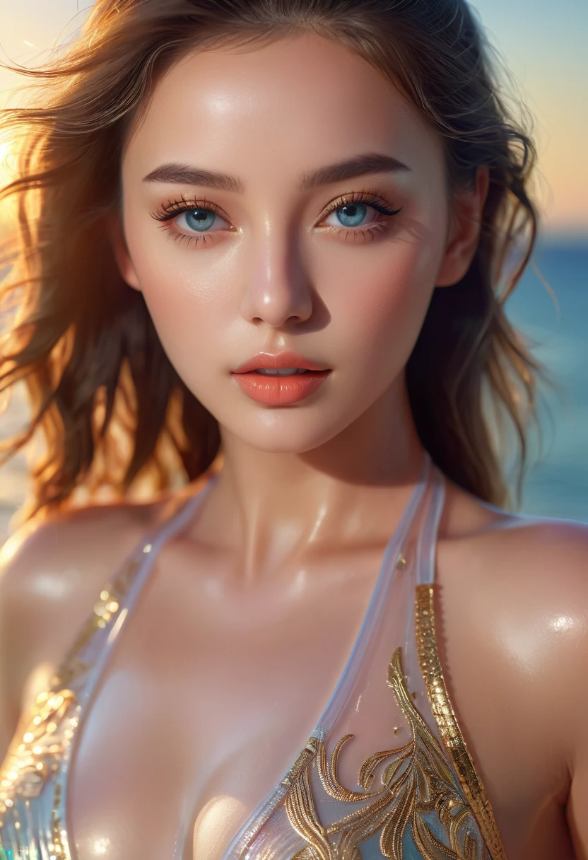 A beautiful girl in a transparent fabric swimsuit, highly detailed portrait, beautiful detailed eyes, beautiful detailed lips, extremely detailed face and skin, long eyelashes, photorealistic, 8k, masterpiece, vibrant colors, natural lighting, dynamic pose, ocean background, golden hour lighting