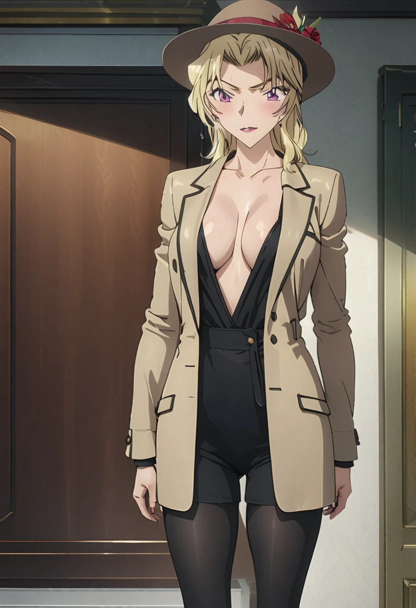 (Black stockings, Brown jacket, Lady hat:1.3), full body,Perfect body, blonde hair,(anime, , UHD, masterpiece, accurate, super detail, textured skin, high details, high quality,best quality, highres, 8k:1.3)