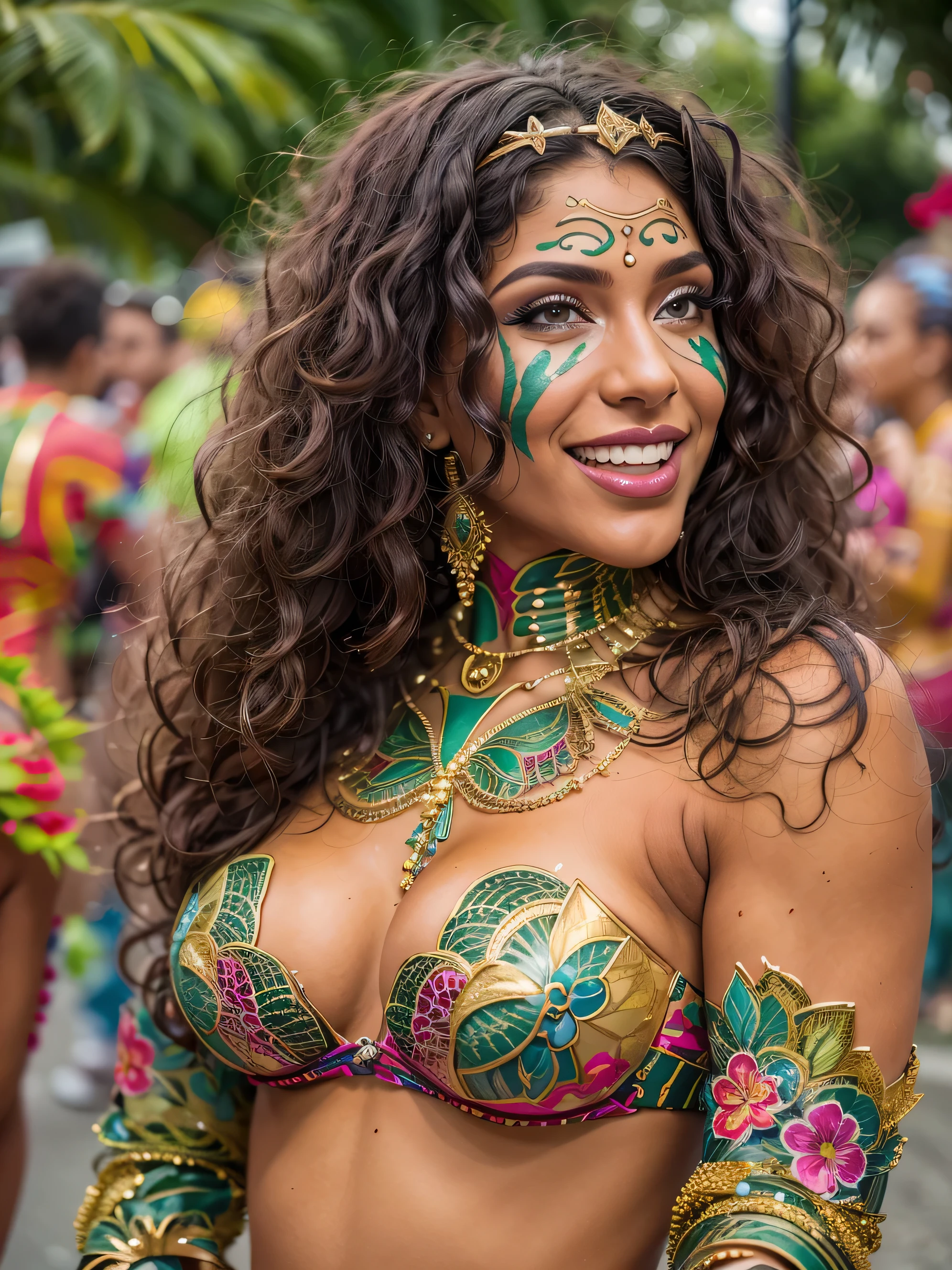 Amazing and ultra hot Brazilian transgender woman celebrating life in carnival,(bzccostume), bodypaint, ultra hot, she is ultra hot and sexy body, she has amazing figure, delicious round booty,((body painted body1.4)),small natural breast, beautiful gaze, happy smile, curly hair, latina transgender, shemale, sexy shemale, Carnival in Brazil, detailed background, depth in vision