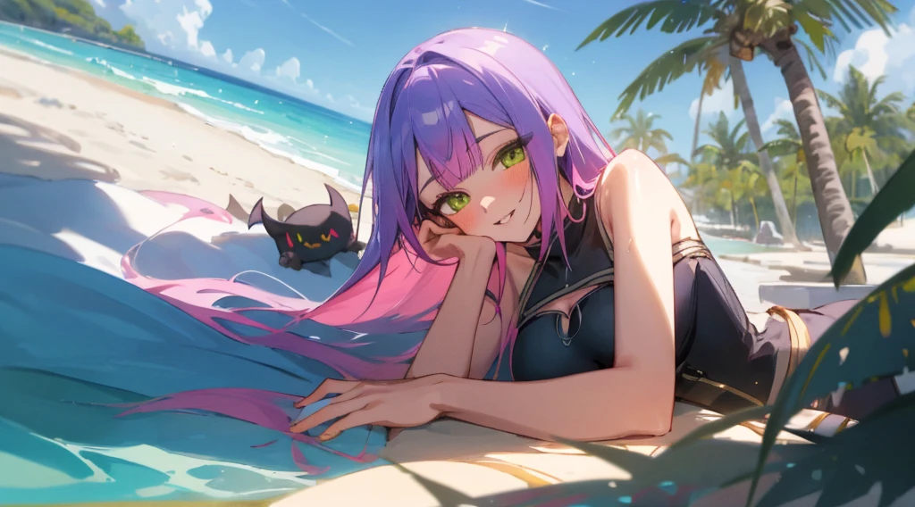 (Highest quality,4K,High resolution,masterpiece:1.2),Ultra-detailed,Physically Based Rendering,Towa Tokoyami,Beautiful and fine details,Beautifully detailed lips,Highly detailed eyes and face,Long eyelashes,anime,Swimwear,Succubus Tail,Cute smile,Tropical Beach,Clear blue sky,Sandy Beach,Palm tree,sparkling sea,Soft golden sunshine,Bright color penumbra,Gentle Light,Faint shadows,Breeze,Crystal clear water,Smooth and shiny hair,Playful expressions,Fun atmosphere