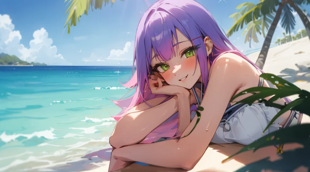 (Highest quality,4K,High resolution,masterpiece:1.2),Ultra-detailed,Physically Based Rendering,Towa Tokoyami,Beautiful and fine details,Beautifully detailed lips,Highly detailed eyes and face,Long eyelashes,anime,Swimwear,Succubus Tail,Cute smile,Tropical Beach,Clear blue sky,Sandy Beach,Palm tree,sparkling sea,Soft golden sunshine,Bright color penumbra,Gentle Light,Faint shadows,Breeze,Crystal clear water,Smooth and shiny hair,Playful expressions,Fun atmosphere