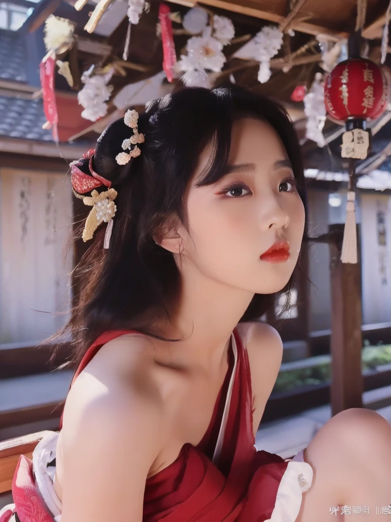 ((Best quality, 8k, Masterpiece :1.3)), Sharp focus :1.2, lipstik red ((beautiful Geisha. In kimomo red. Bare shoulder.))Sit down on the bed. Passionate pose_mix4, 20d,Hiper-realistis:1.37),16K HD,