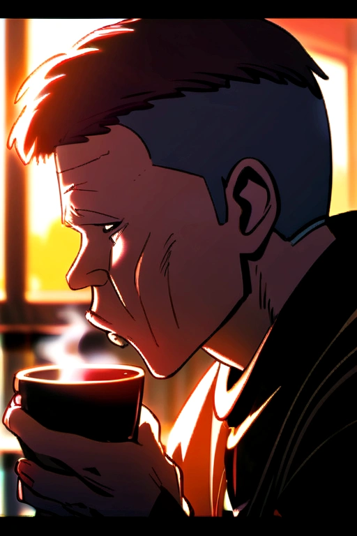 Fish-faced man drinking coffee