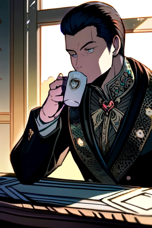 Fish-faced man drinking coffee