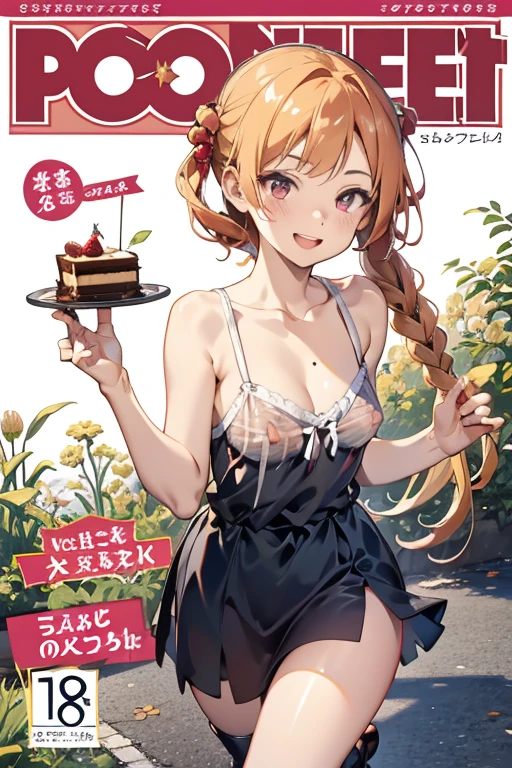 (small breasts:1.2), (perky chest:1.2), (pointed chest:1.2), (Pudding cake magazine cover:1.3),(from above:1.0),(shoot from the side:1.1),masterpiece, 1girl, Amazing Cleavage:1.1, thin waist, optimum,tmasterpiece,hight resolution,best qualtiy,hyper HD,super detailing,awardwinning,a 18yo cute girl,(The upper part of the body),anatomy correct,Beautiful Black miniskirt,garters,Gaze,Small face,bangss,holster,Beautuful Women,hands up,leg holster,Gaze,black boots,Cowboy Shot,cute face,a blond,Longhaire,Twin-tailed,Braids, Hairline,（scarlet eyes）,long eyelasher,Hanging eye corners,White skin of the, ((see through camisole:1.1)), ((Sheer nipples:1.0)),Rocket Tits,(Slim body),smile,seductive weak smiling,(with sparkling eyes and a contagious smile),little open mouth, Looking at Viewer,
