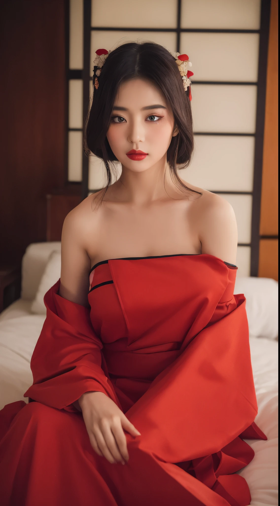 ((Best quality, 8k, Masterpiece :1.3)), Sharp focus :1.2, lipstik red ((beautiful Geisha. In kimomo red. Bare shoulder.))Sit down on the bed. Passionate pose_mix4, 20d,Hiper-realistis:1.37),16K HD,