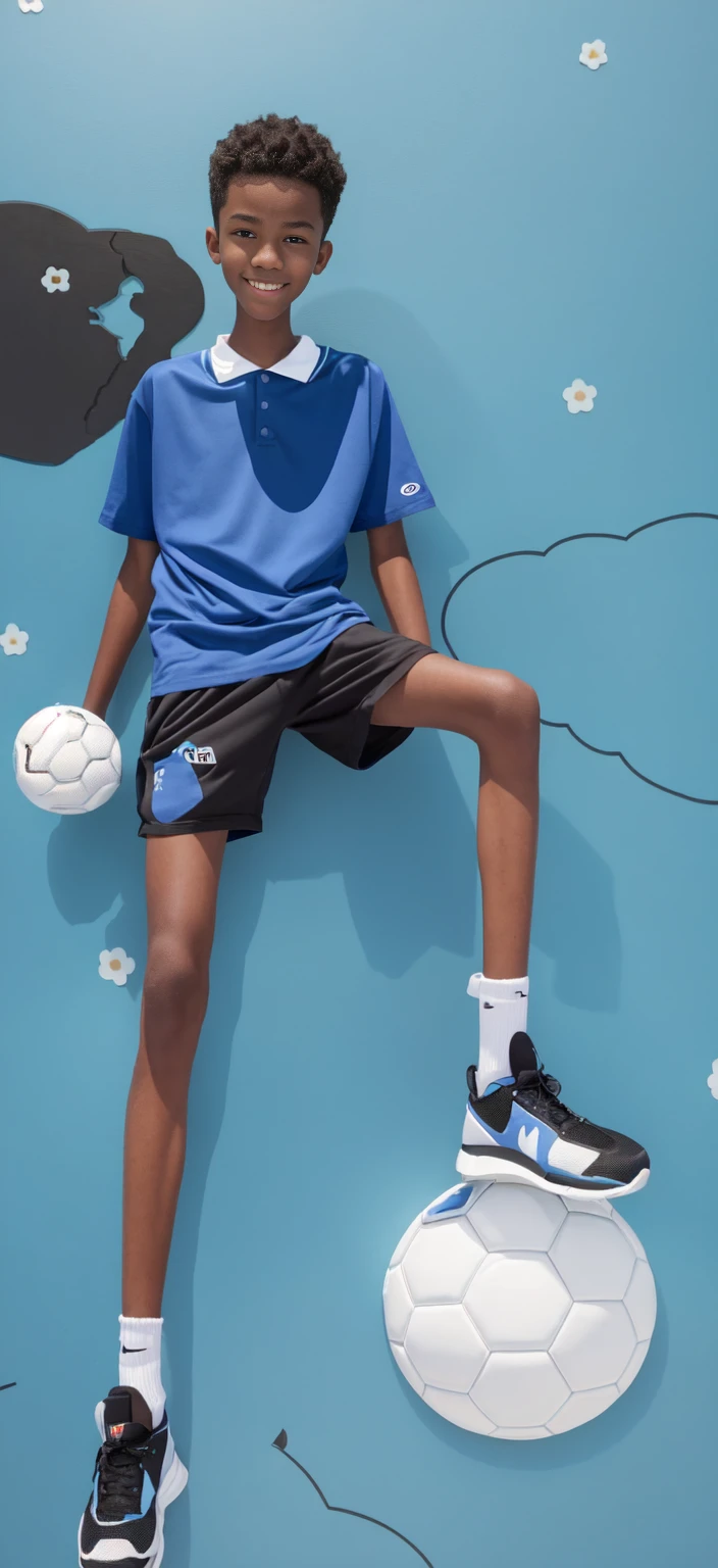 15-year-old boy,(Wearing white tennis clothes,Black socks on feet),Dark skin,Big round eyes,Very short hair,Tall and skinny,Toothy Smile,Sharpen details,Knee muscle lines,Blue Background
